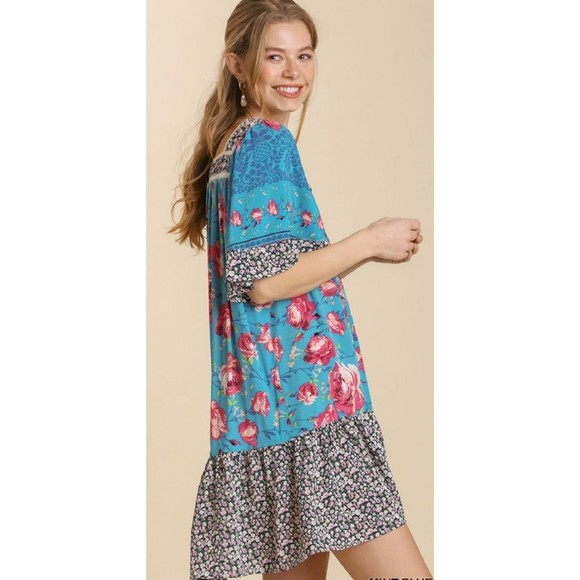 New UMGEE Small Mixed Floral Print Square Neck Ruffle Sleeve Button Front Dress - Picture 2 of 5